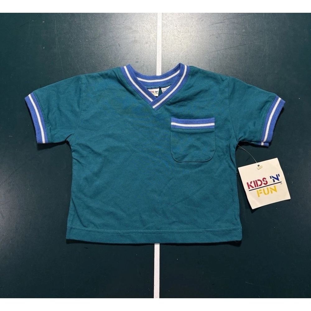 VTG 90s Striped Pocket T Shirt Size 18 Month Toddler Green Blue Deadstock NOS‎